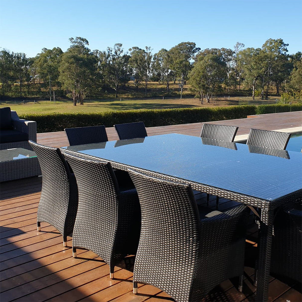 Roman 10 Seat Outdoor Wicker and Glass Top Dining Table and Chairs Setting