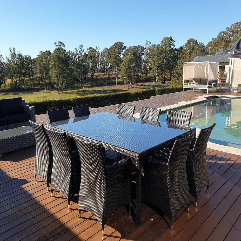 Roman 10 Seat Outdoor Wicker and Glass Top Dining Table and Chairs Setting