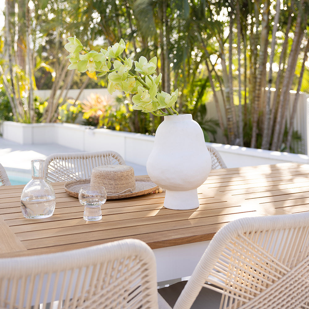Balmoral 1.8m Outdoor Teak Top Aluminium Table with 6 Hugo Rope Chairs