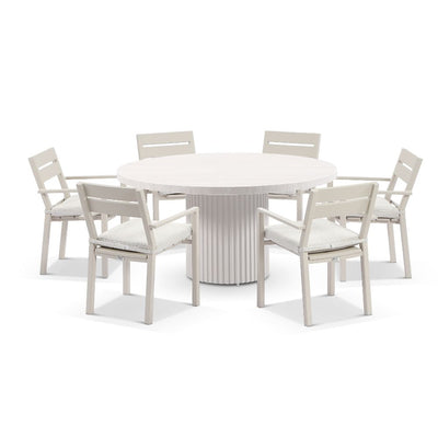 Curl Curl Outdoor 1.5m Round Ceramic and Aluminium Dining Table with 6x Santorini Chairs