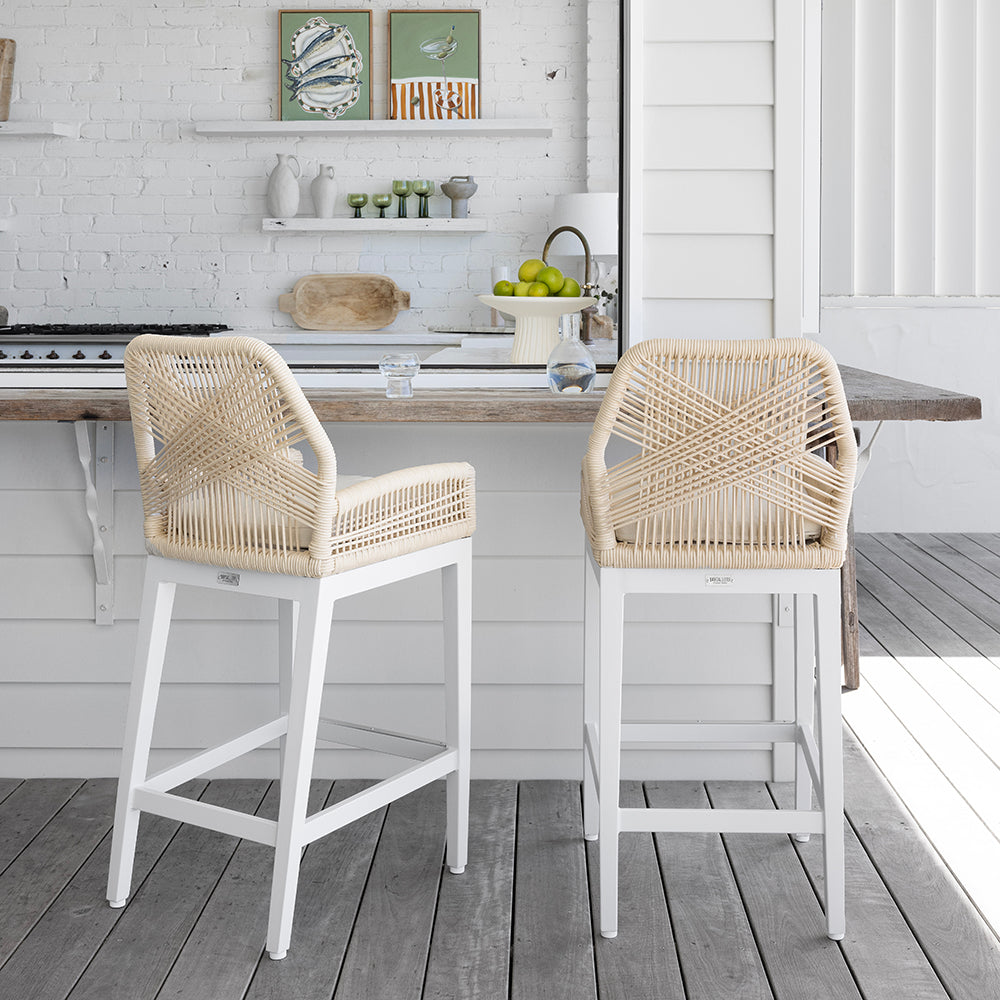 Hugo Outdoor Ceramic 2m Rectangle Aluminium Bar Table with 8x Hugo Rope Bar Stools