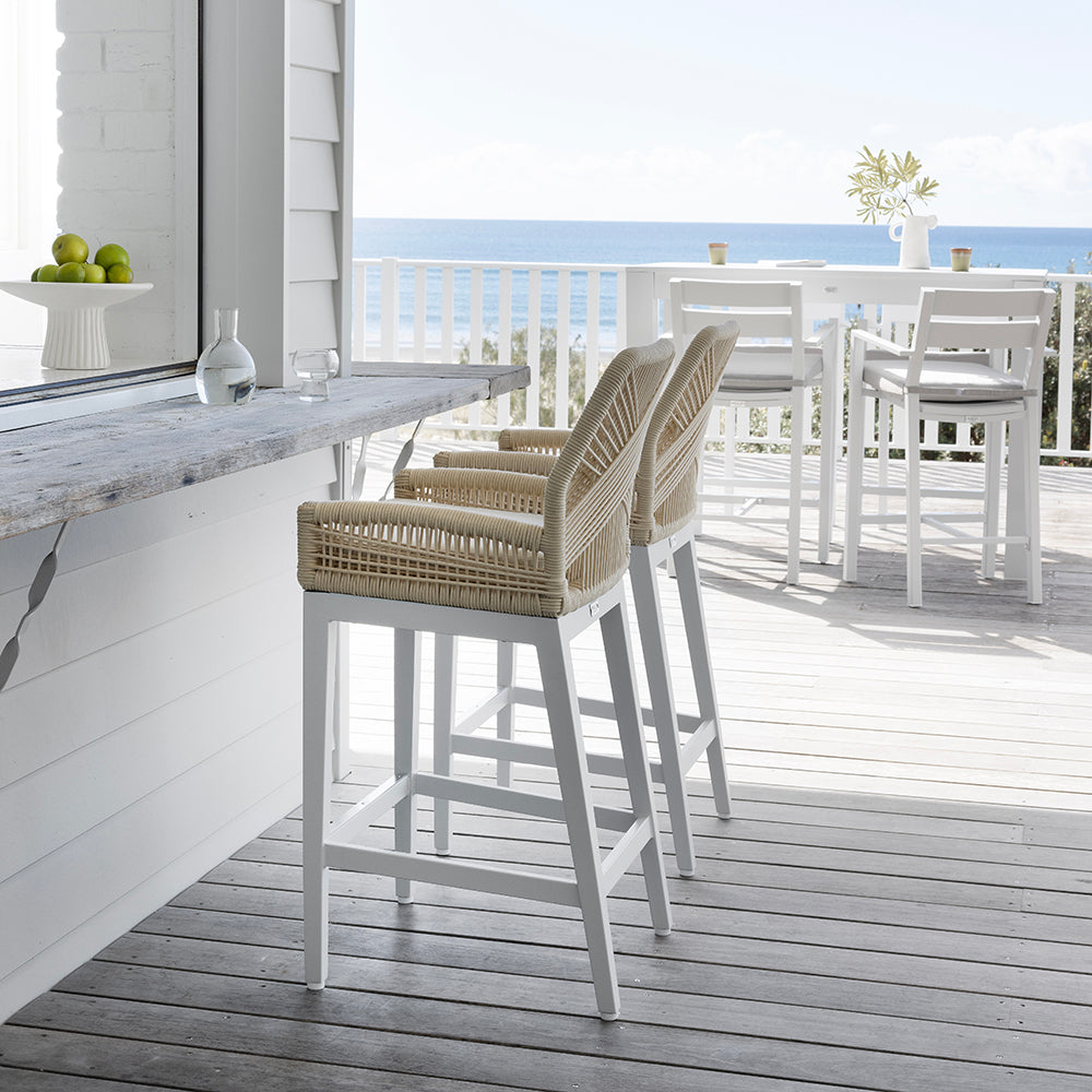 Hugo Outdoor Ceramic 2m Rectangle Aluminium Bar Table with 8x Hugo Rope Bar Stools