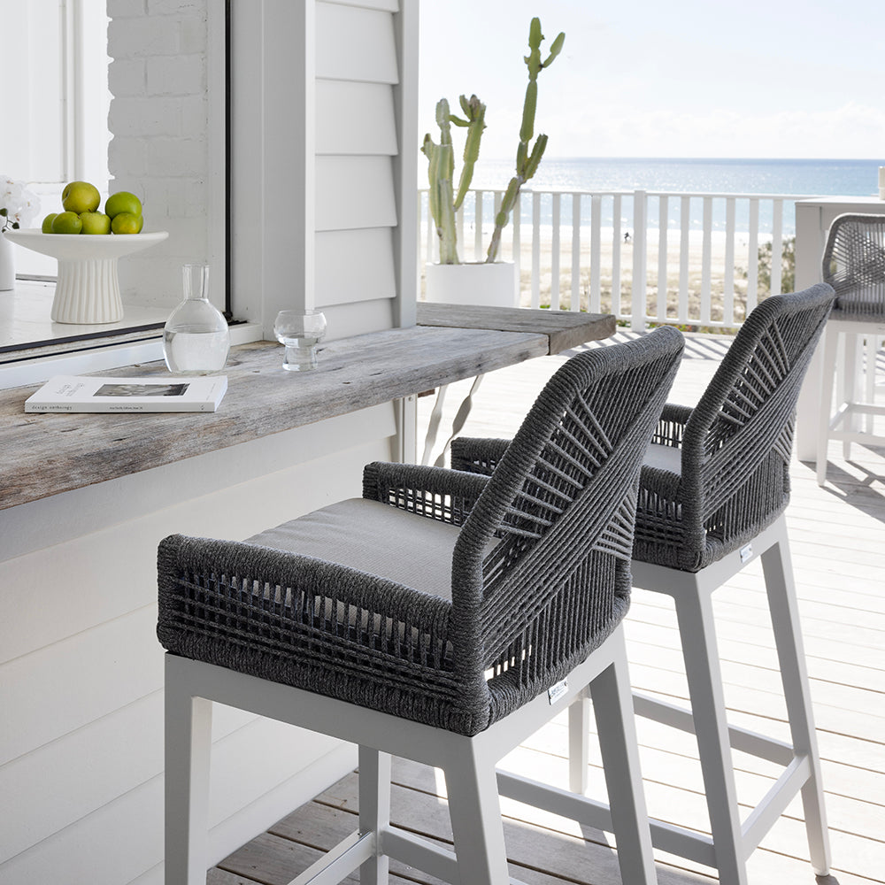 Hugo Outdoor Ceramic 2m Rectangle Aluminium Bar Table with 8x Hugo Rope Bar Stools