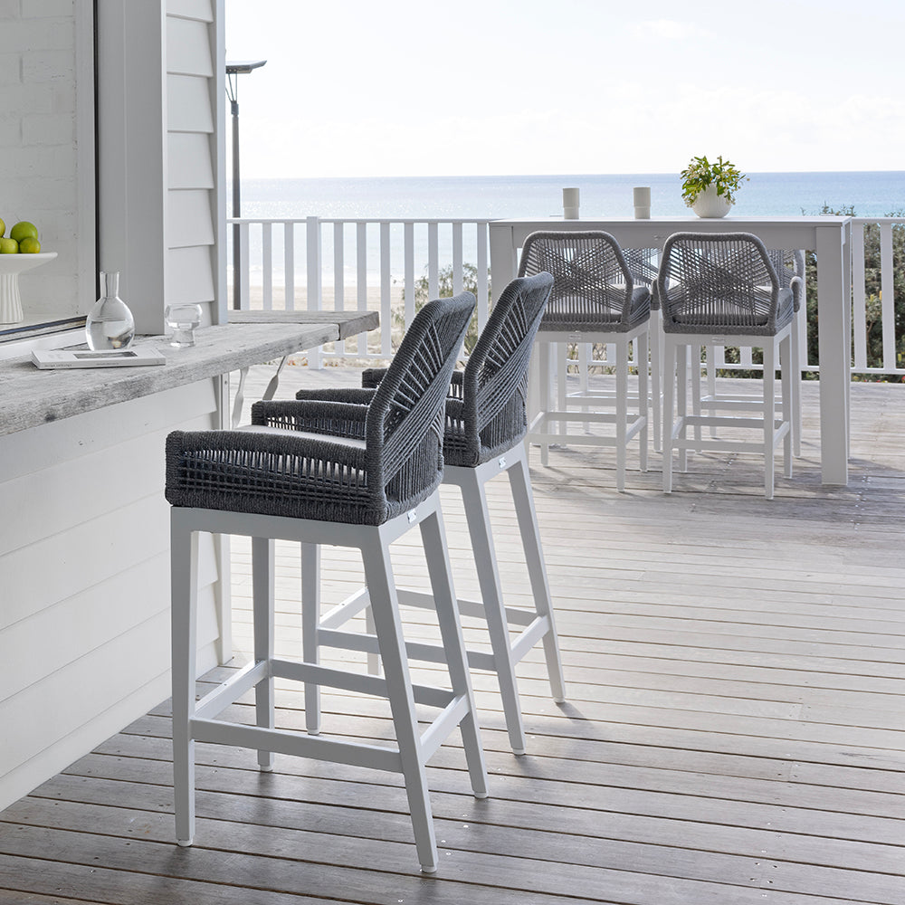Santorini Outdoor Aluminium Square Bar Table with 4 Hugo Aluminium and Rope Bar Stool