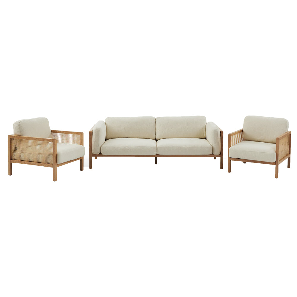 Killara Indoor Cream Boucle Couch Fabric and Timber 3+1+1 Rattan Lounge Sofa Setting