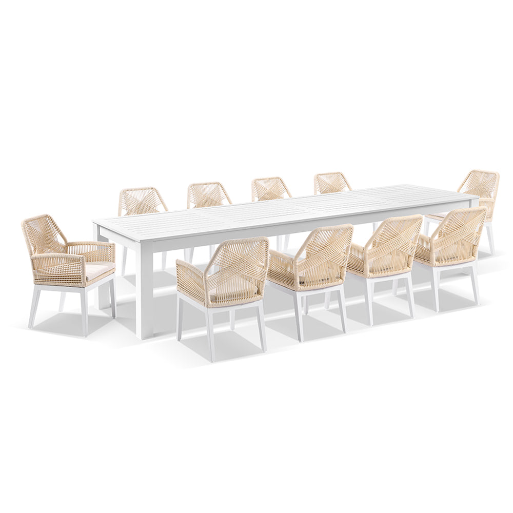 Santorini 3.55m Outdoor Rectangle Aluminium Dining Table with 12 Hugo Rope Chairs
