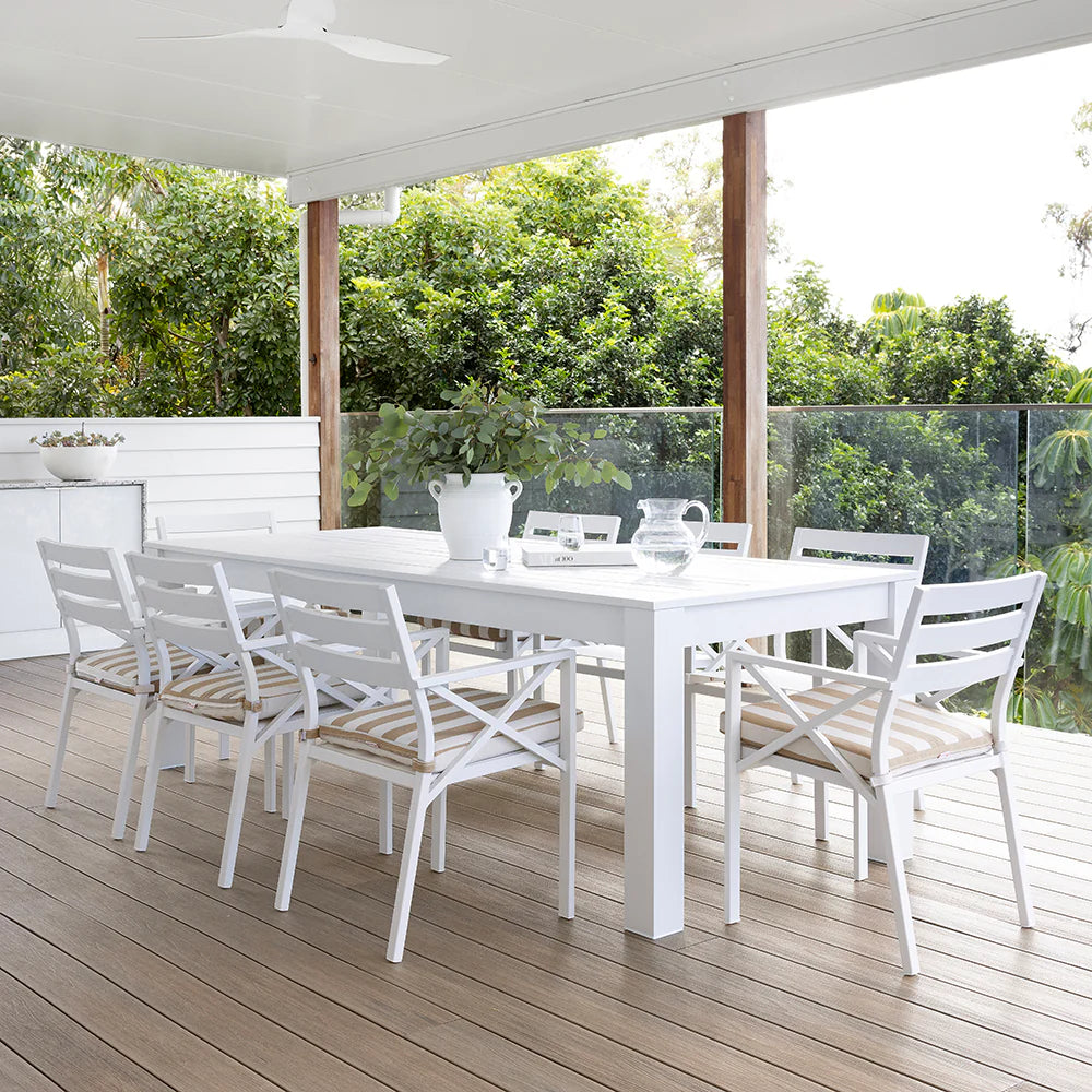 Santorini 2.5m Outdoor Rectangle Aluminium Dining Table with 8 Kansas Chairs in Sunbrella