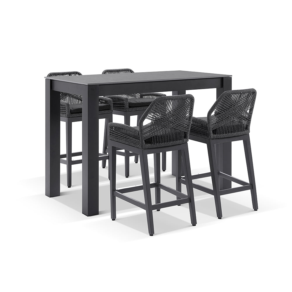 Hugo Ceramic 1.5m Aluminium Bar Table with 4 x Hugo Rope Stools