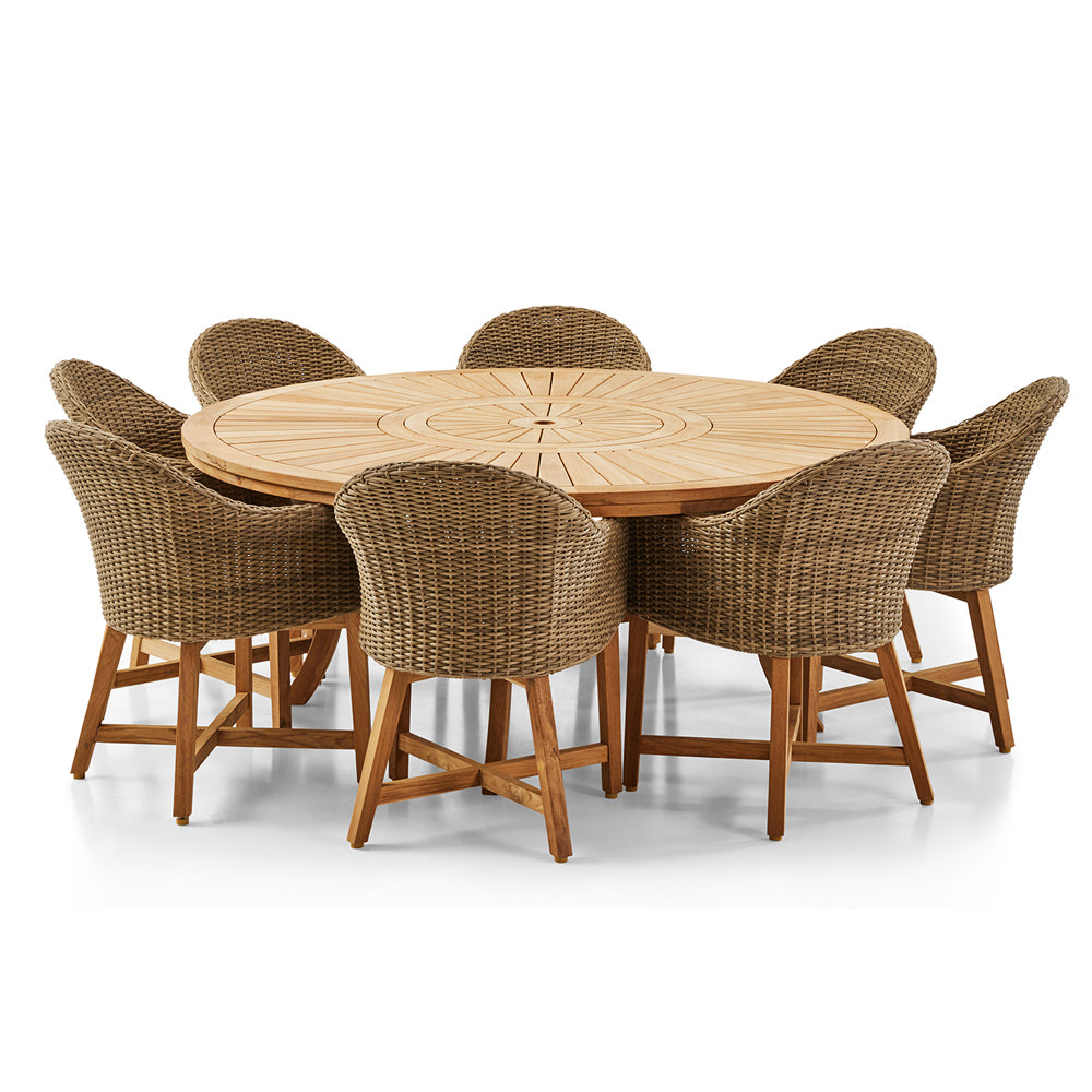 Solomon Round Teak Dining Table w/Coastal Wicker Chairs Bay
