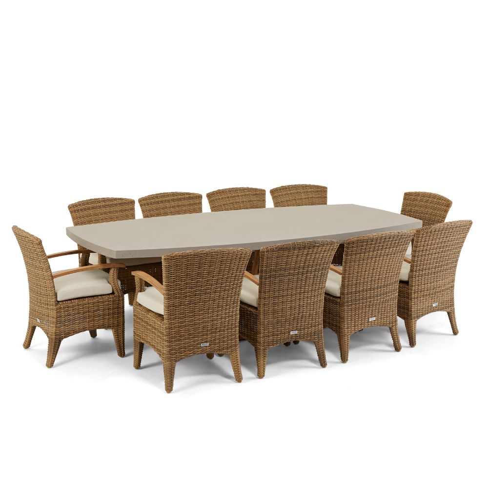 Waverley 2.6m Indoor Outdoor Concrete Look Dining Set With 10 Kai Wicker Chairs