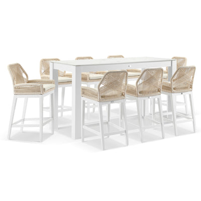 Hugo Outdoor Ceramic 2m Rectangle Aluminium Bar Table with 8x Hugo Rope Bar Stools