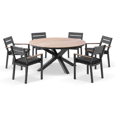 Tuscany Round 1.5m Outdoor Aluminium and Teak Dining Table with 6 Capri Chairs