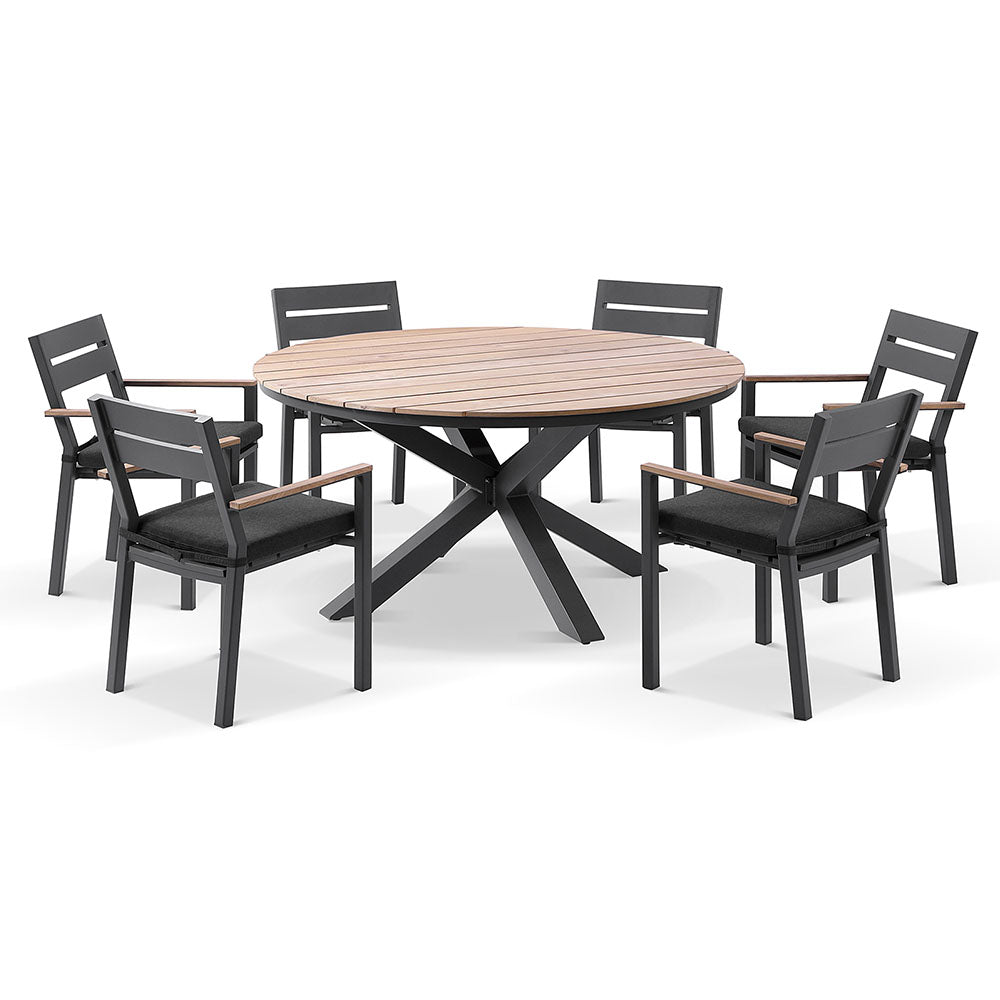 Tuscany Round 1.5m Outdoor Aluminium and Teak Dining Table with 6 Capri Chairs