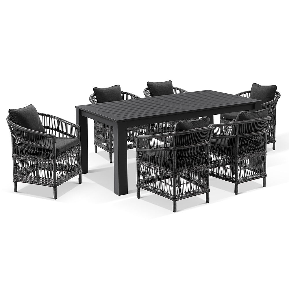 Santorini 1.8m Outdoor Rectangle Aluminium Dining Table with 6 Watego Malawi Style Wicker Chairs