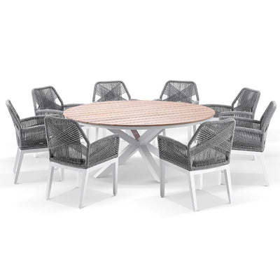 Tuscany Round 1.8m Outdoor Aluminium and Teak Dining Table with 8 Hugo Rope Chairs