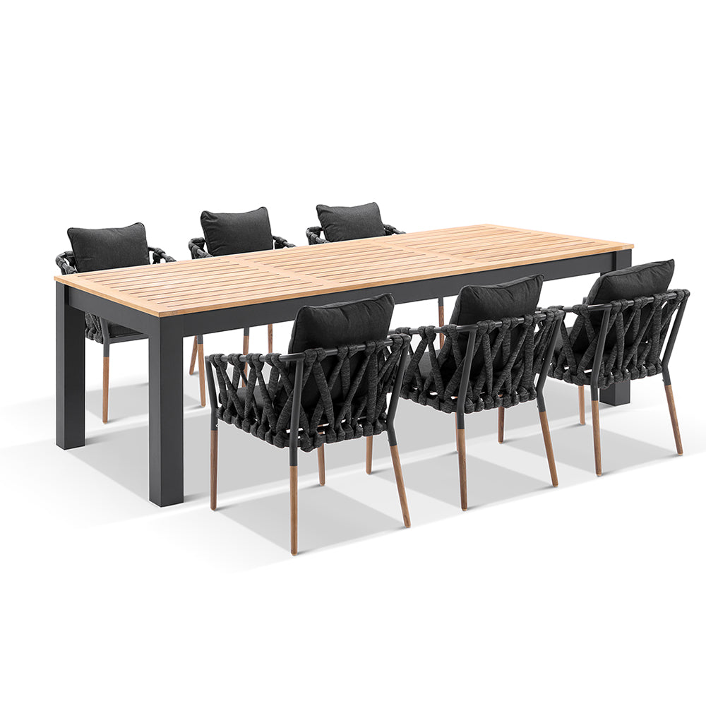Balmoral 2.5m Outdoor Teak and Aluminium Dining Table with Cove Rope Chairs