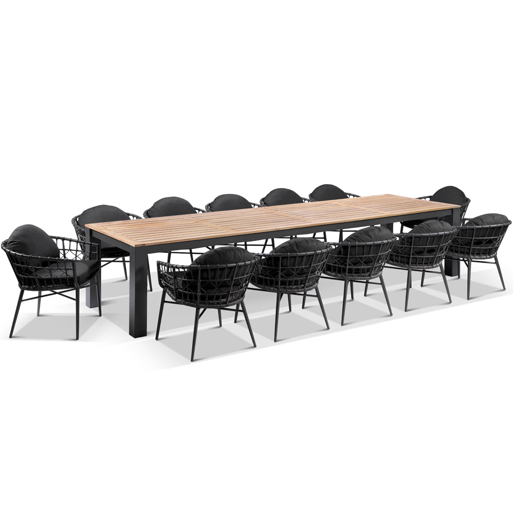 Balmoral 3.55m Outdoor Teak Top Aluminium Table with 12 Moana Chairs