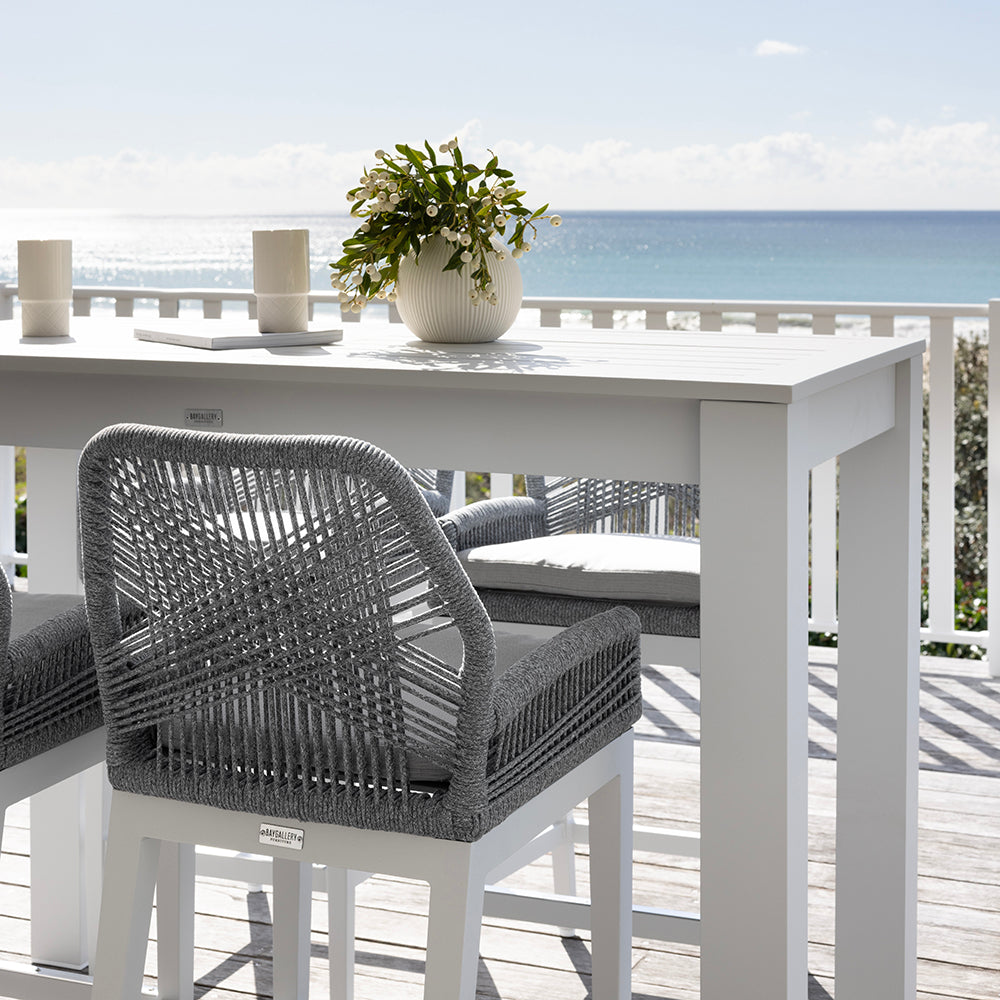 Santorini Outdoor Aluminium 1.5m Bar Table with 4 Hugo Aluminium and Rope Bar Stool