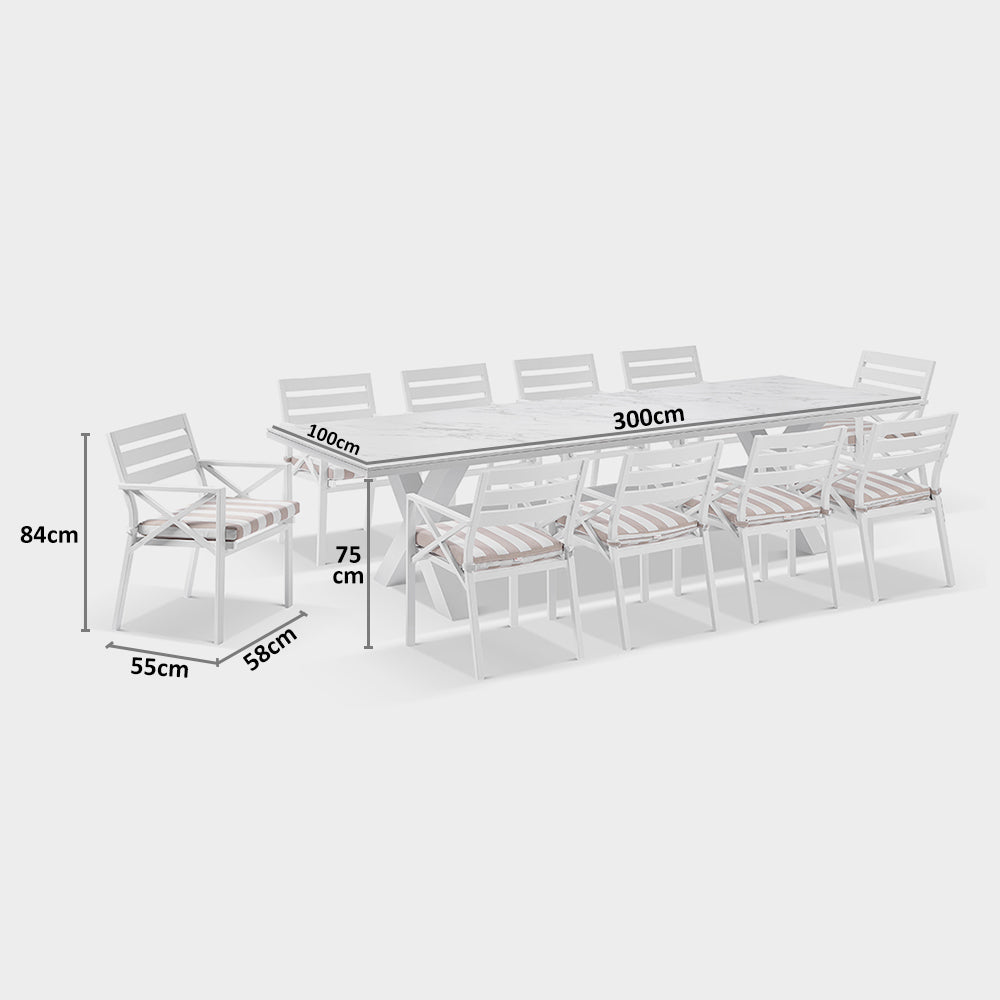 Kansas Outdoor Ceramic 3m Aluminium Dining Table with 10 Chairs Setting in Sunbrella