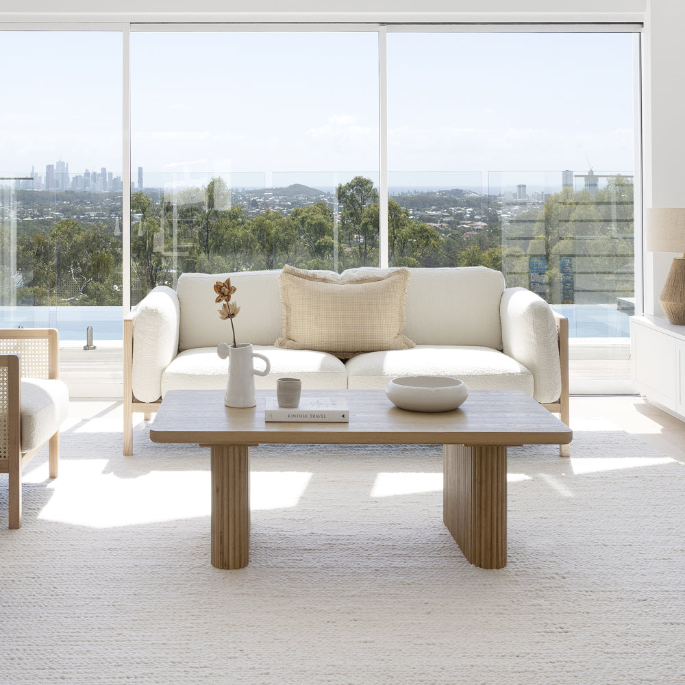 Killara Indoor Cream Boucle Couch Fabric and Timber 3+1+1 Rattan Lounge Sofa Setting