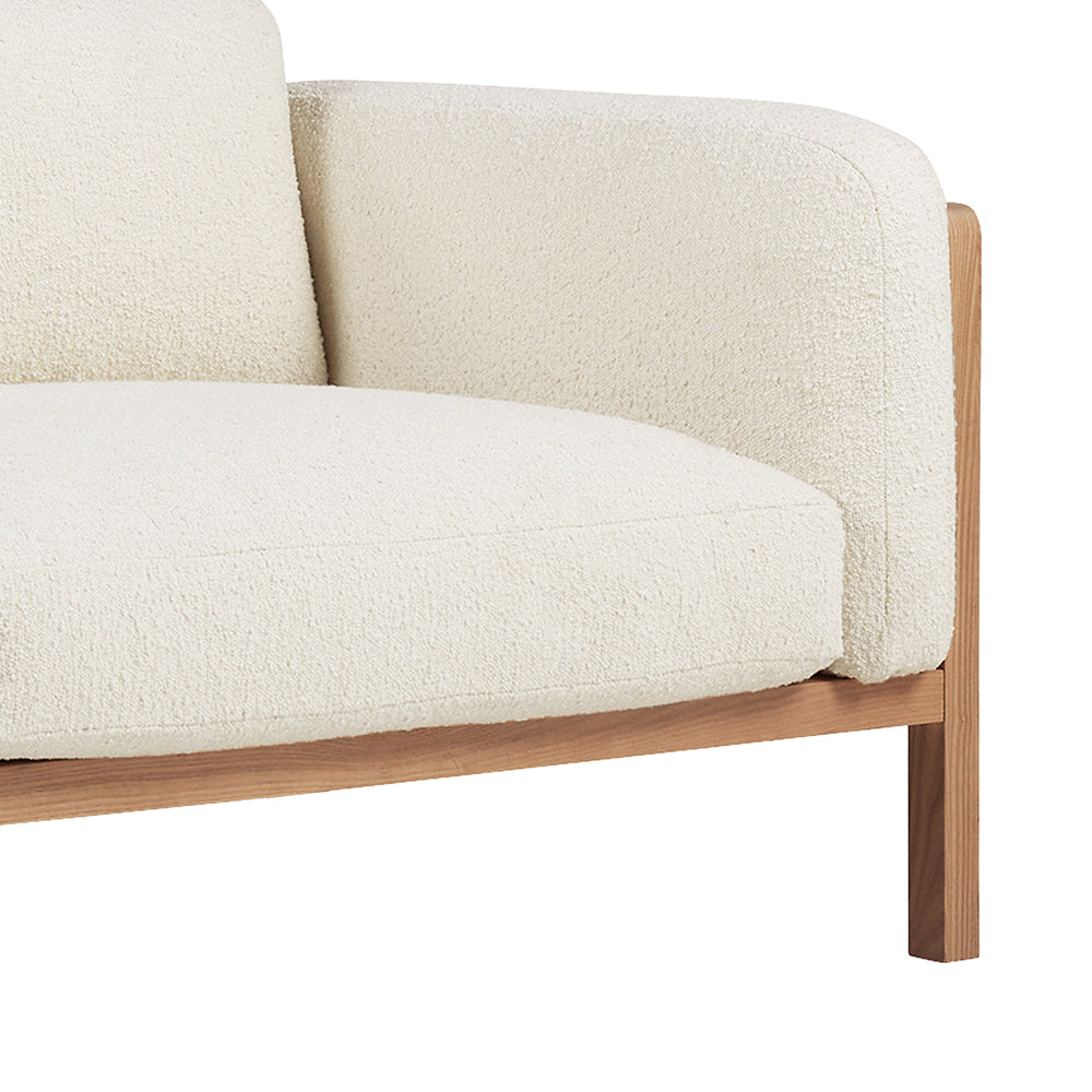Killara Indoor Cream Boucle Couch Fabric and Timber 3 Seat Rattan Lounge Sofa
