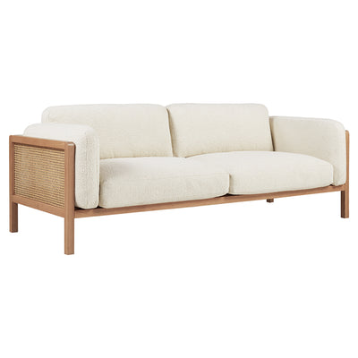 Killara Indoor Cream Boucle Couch Fabric and Timber 3 Seat Rattan Lounge Sofa