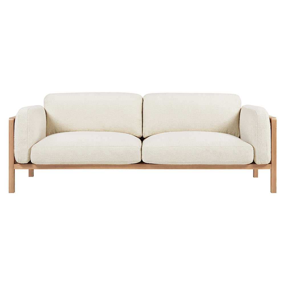 Killara Indoor Cream Boucle Couch Fabric and Timber 3 Seat Rattan Lounge Sofa