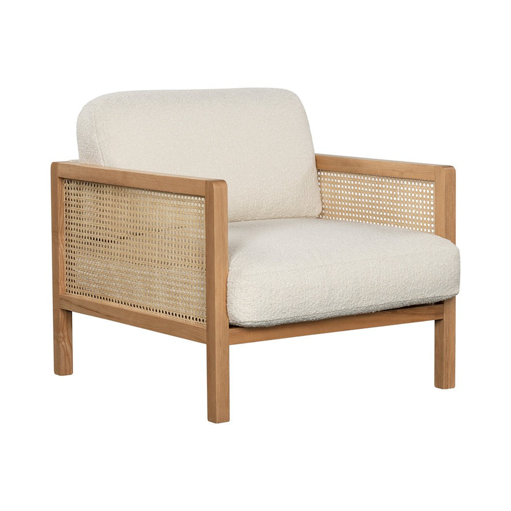Killara Indoor Cream Boucle Couch Fabric and Timber Arm Chair