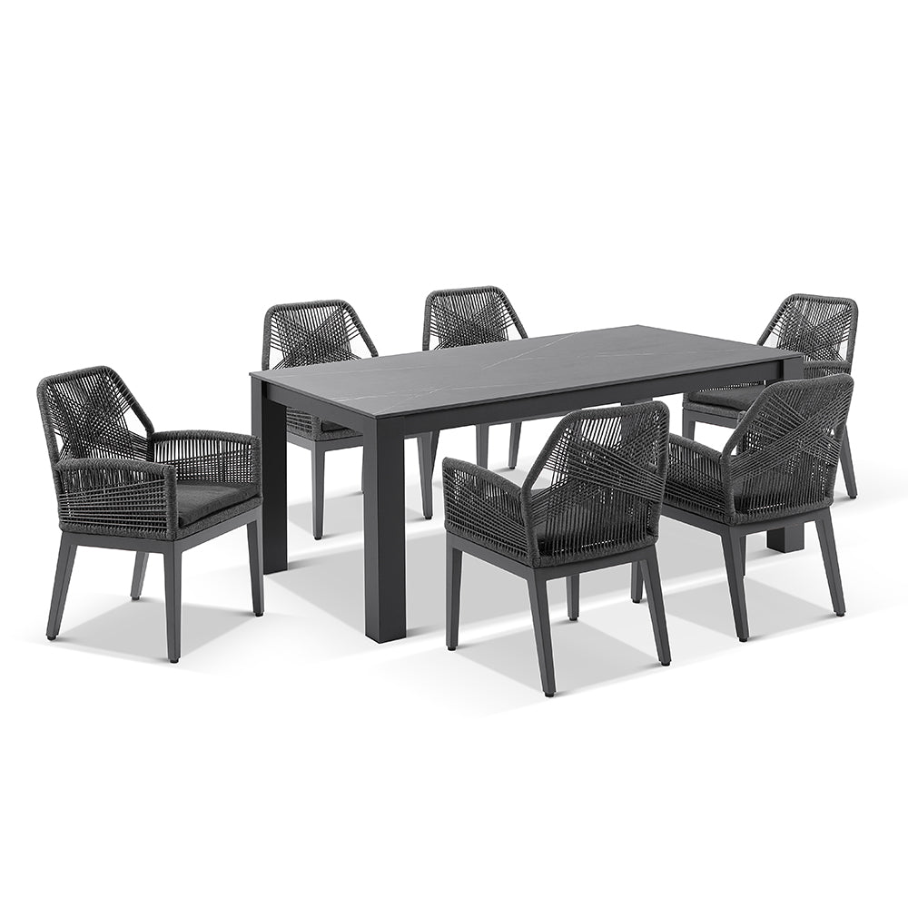 Hugo Ceramic 1.8m Outdoor Aluminium Dining Table with 6 Hugo Rope Chairs