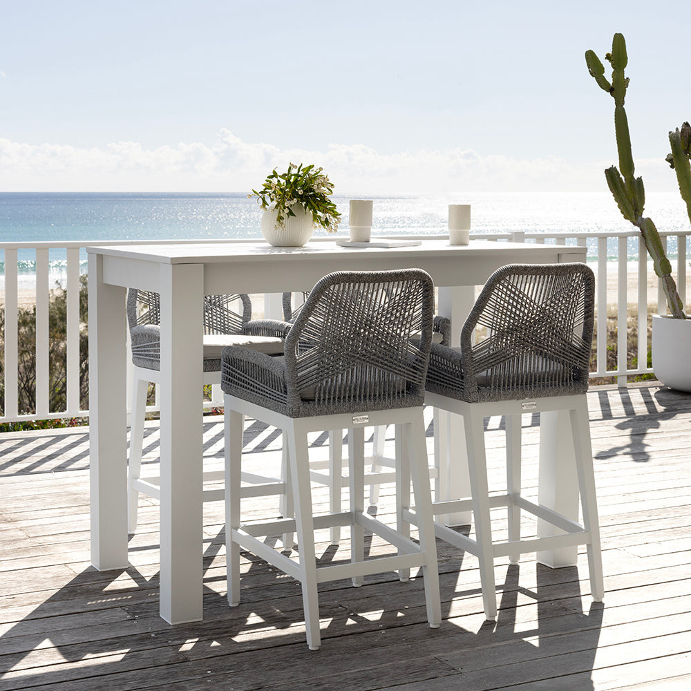 Santorini Outdoor Aluminium 1.5m Bar Table with 4 Hugo Aluminium and Rope Bar Stool