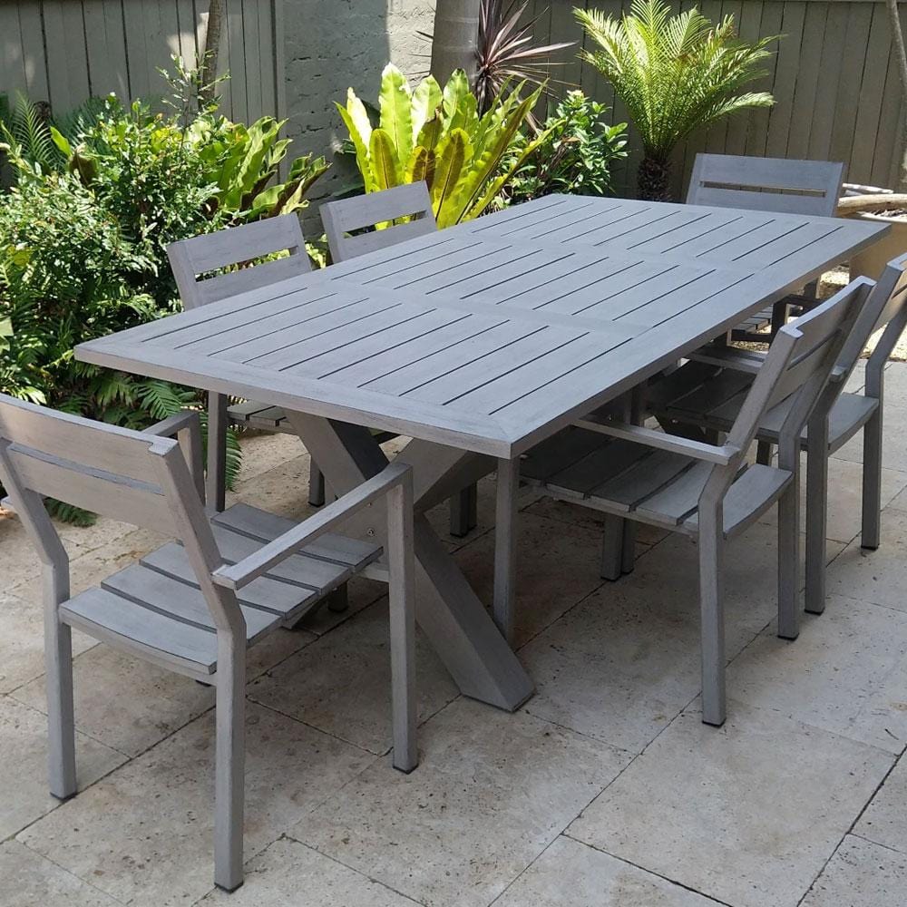 Aged Teak look Tahitian 2.1m Aluminium Dining Setting with Santorini Chairs