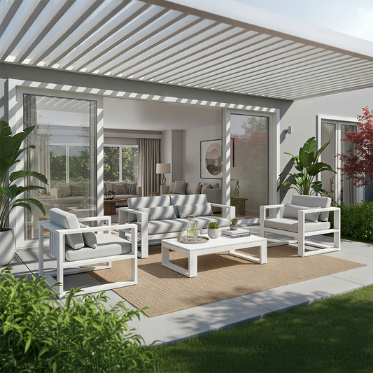 White outdoor lounge setting with striped fabric cushions under a pergola.