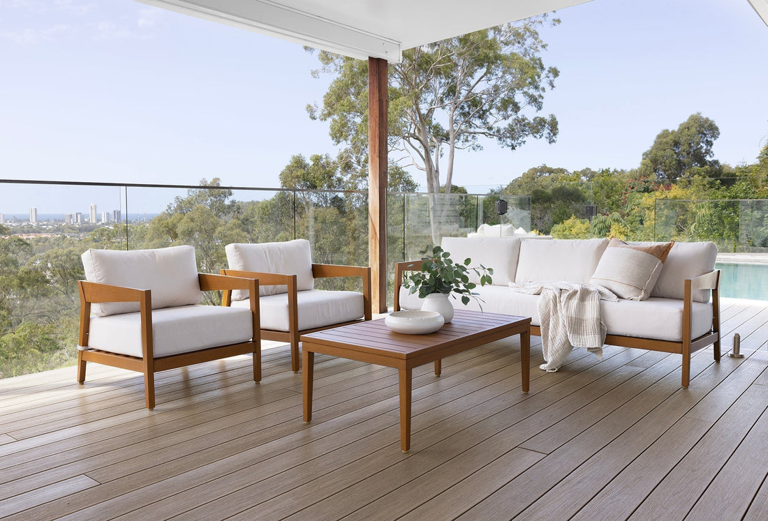 outdoor settings with white clean outdoor cushions on a balcony