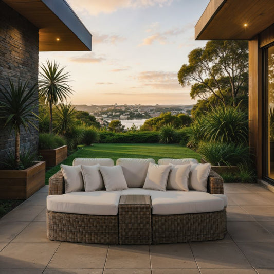 Wicker outdoor sofa with white cushions on a tiled patio, overlooking a landscaped garden and a scenic waterfront view at sunset.