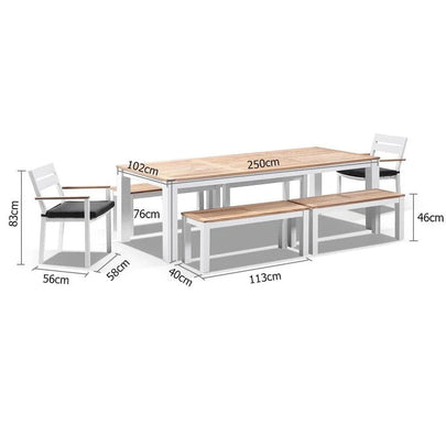Balmoral 2.5m Teak Top Aluminium Table with 4 Bench Seats and 2 Chairs