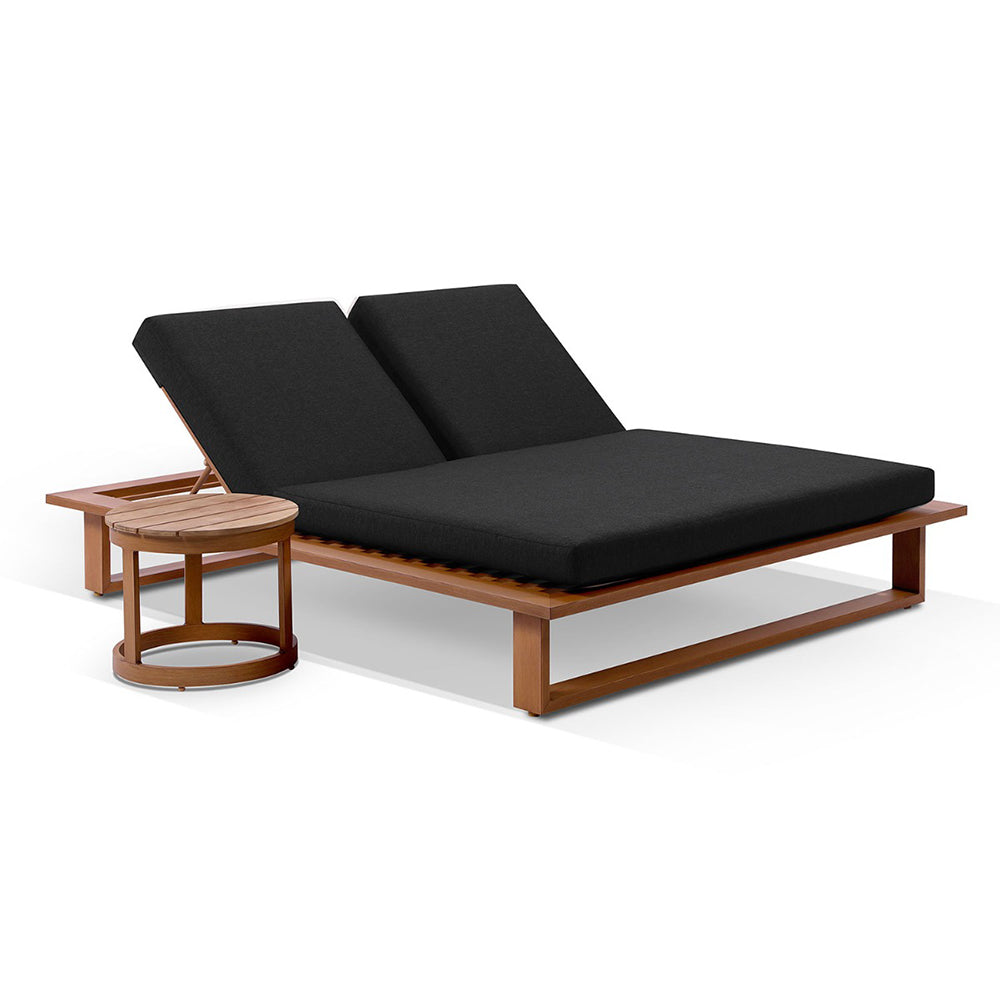 Arcadia Double Aluminium Sun Lounge in Teak Look with with Round Side Table