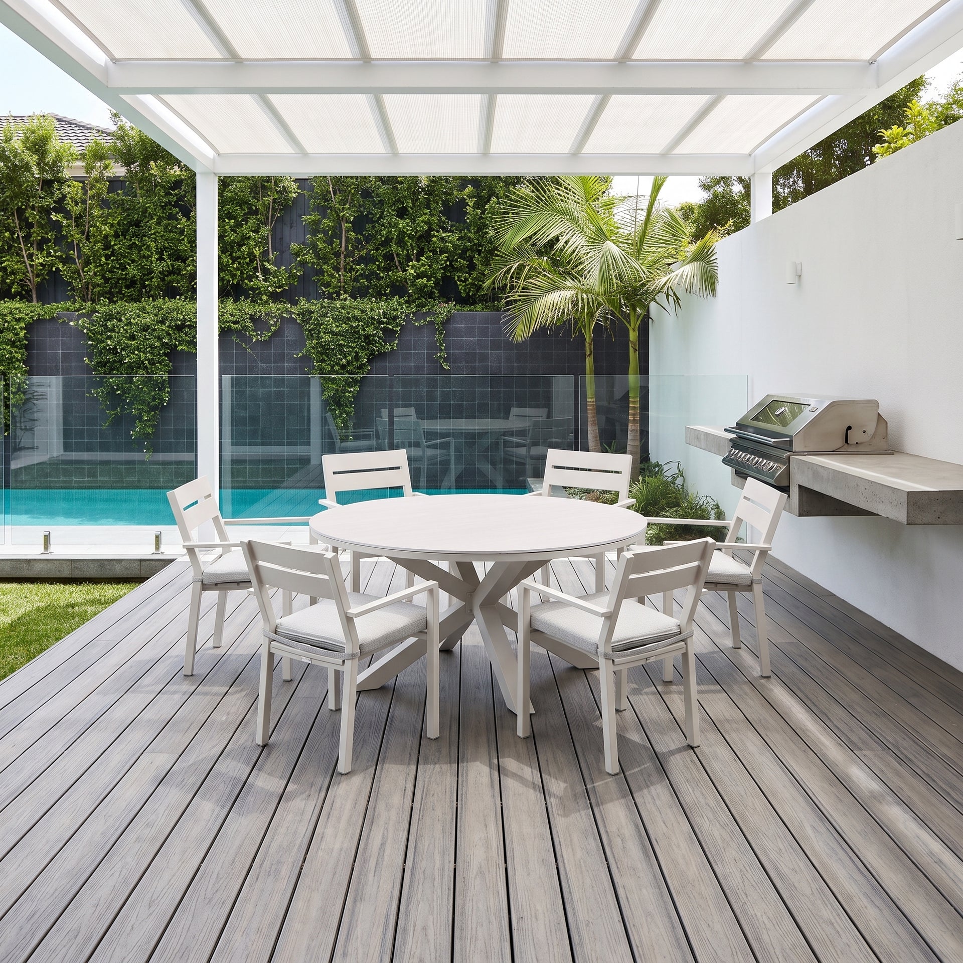 Hugo 1.5m Outdoor Round Aluminium and Ceramic Table with 6 Santorini Dining Chairs
