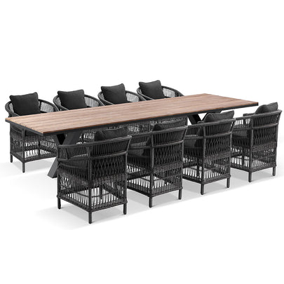 Kansas 3m Outdoor Teak Timber and Aluminium Dining Table with 10 Malawi Wicker Chairs
