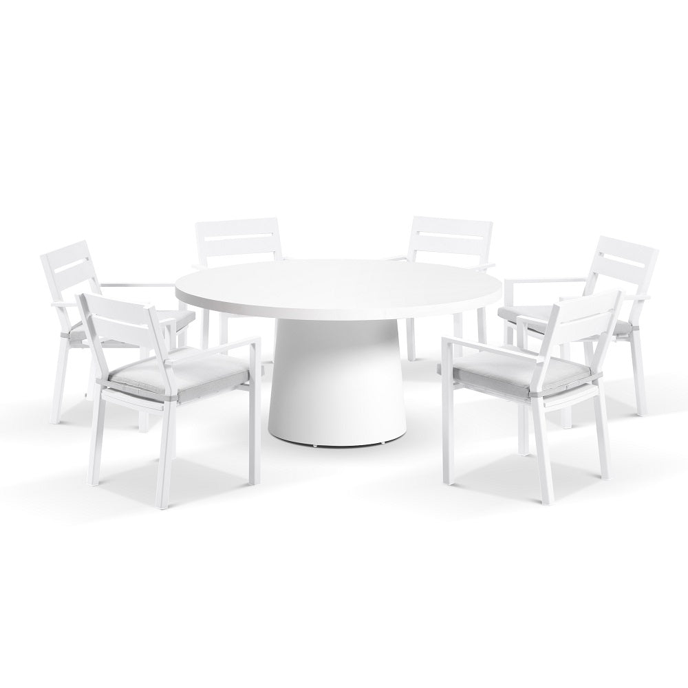 Narrabeen Outdoor 1.6m Round Ceramic Dining Table with 6 Santorini Chairs