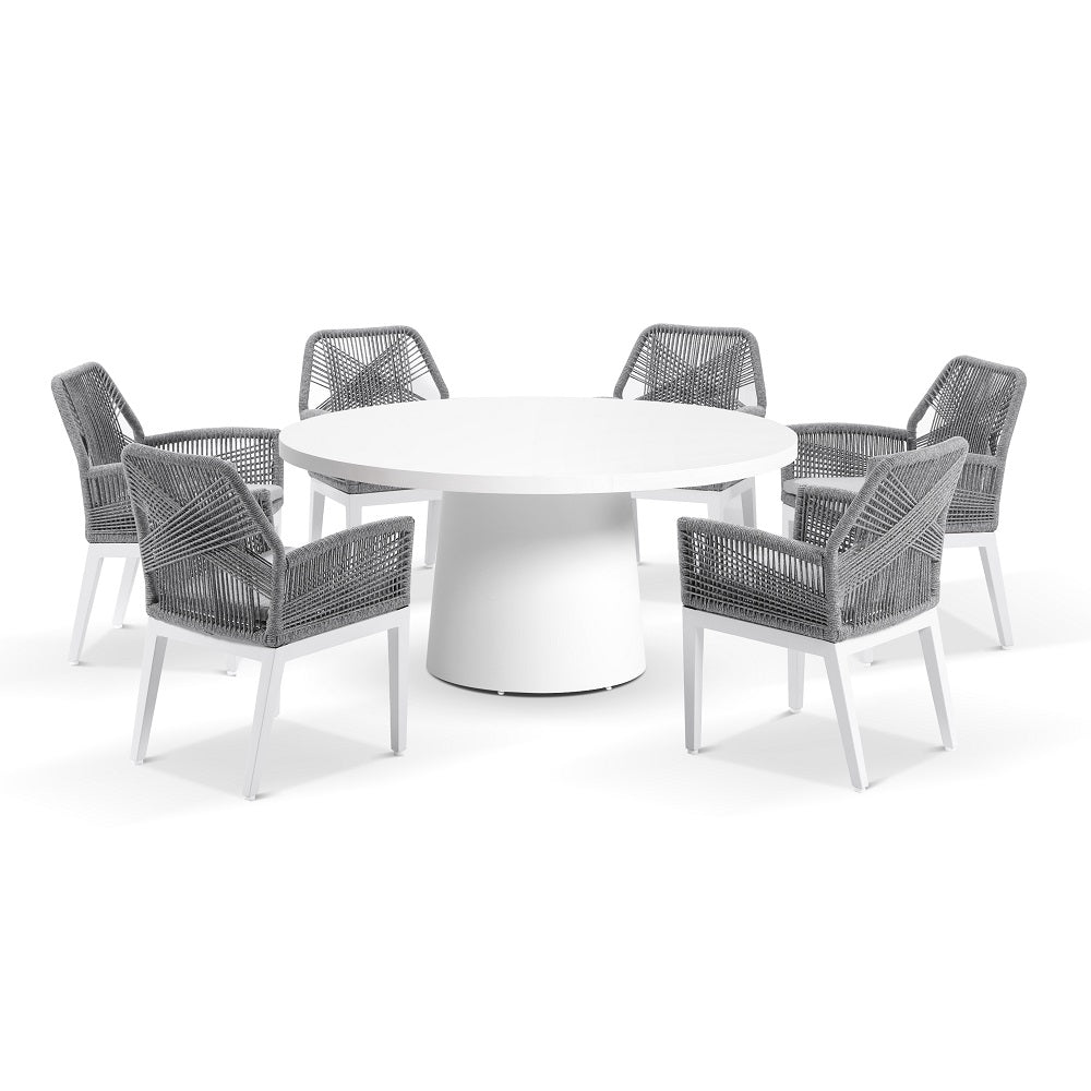 Narrabeen Outdoor 1.6m Round Ceramic Dining Table with 6 Hugo Rope Chairs