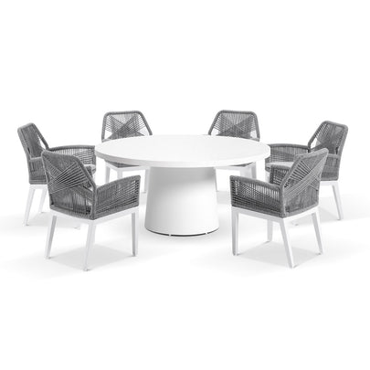 Narrabeen Outdoor 1.6m Round Ceramic Dining Table with 6 Hugo Rope Chairs