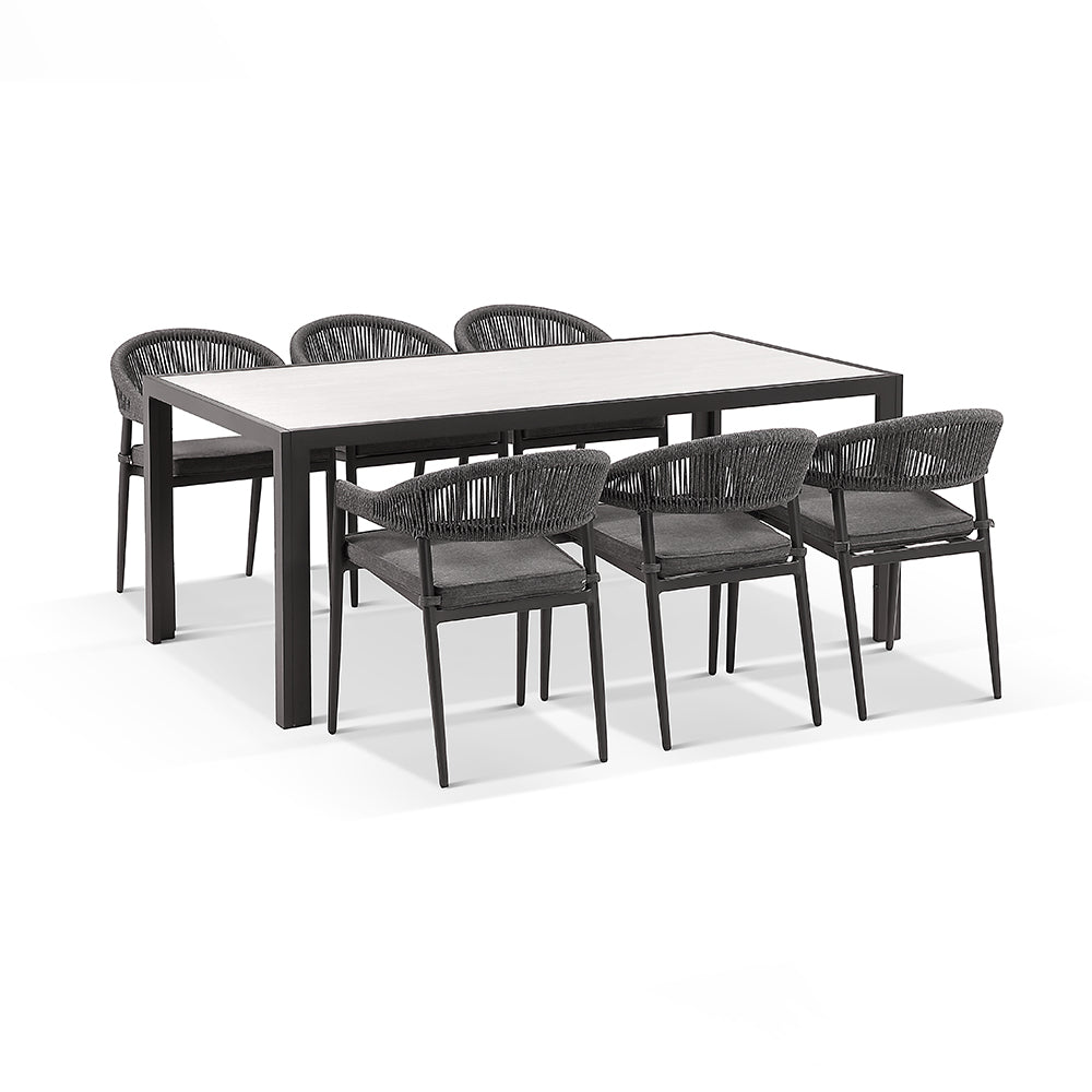 Alpine Outdoor Aluminium & Ceramic Table with 6 Finley Rope Stackable Chairs