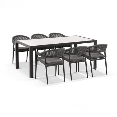 Alpine Outdoor Aluminium & Ceramic Table with 6 Finley Rope Stackable Chairs