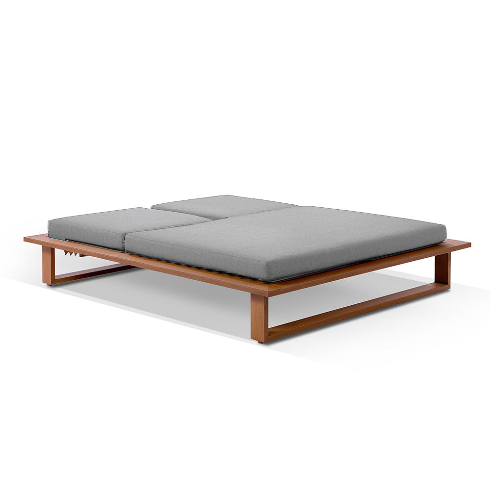 Arcadia Double Aluminium Sun Lounge in Teak Look with Sunbrella