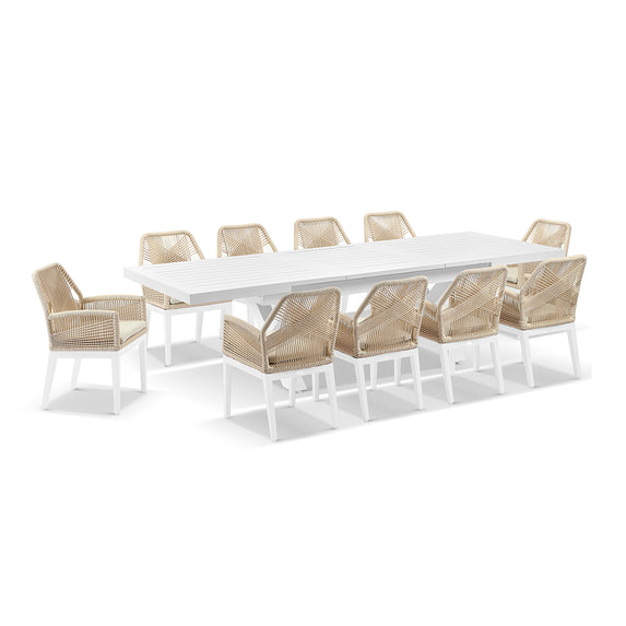 Austin Outdoor 2.2m - 3m Extension Aluminium Table with 10 Hugo Rope Dining Chairs