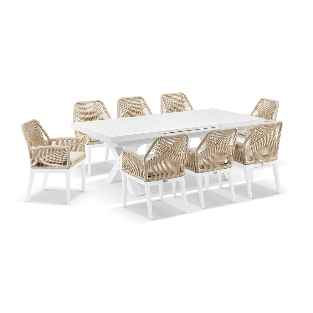 Austin Outdoor 2.2m - 3m Extension Aluminium Table with 10 Hugo Rope Dining Chairs