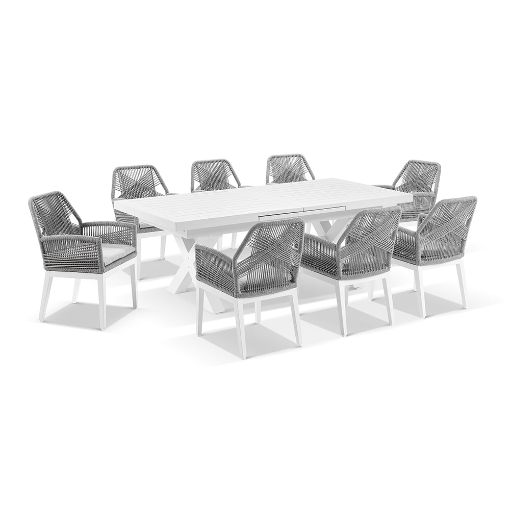 Austin Outdoor 2.2m - 3m Extension Aluminium Table with 10 Hugo Rope Dining Chairs