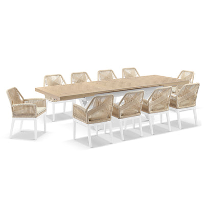 Austin Outdoor 2.2m-3m Extension Dining Set with Light Oak Aluminium and 10 Hugo Chairs