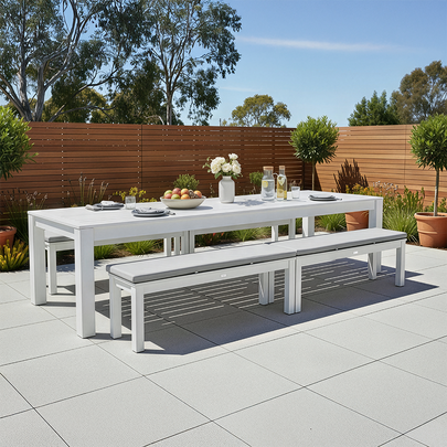 Santorini 3.55m Outdoor Rectangle Aluminium Dining Table with 4 Bench Seats