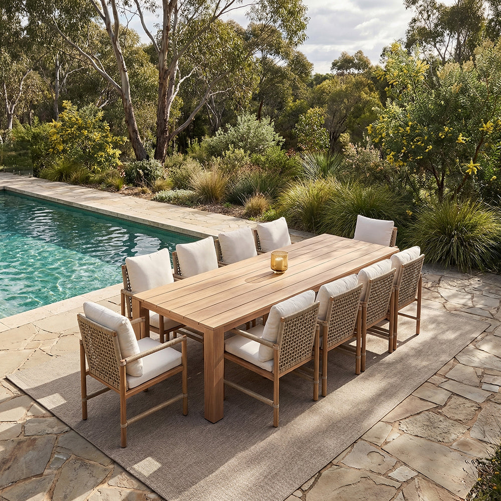 Entertainer 3.05cm Outdoor Aluminium Dining Table With 10 Avery Rope Chairs